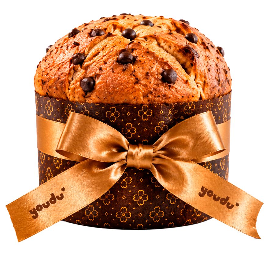 Panetone com gotas de chocolate e laço personalizado Youdu